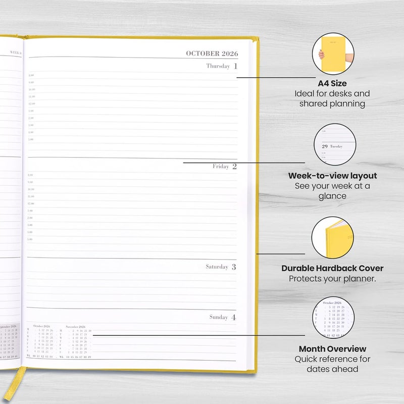 evelay 2024 2025 Academic A4 Week To View Hardback Diary Planner Organiser for School Student Teacher Mid Year (Yellow) - Image 4