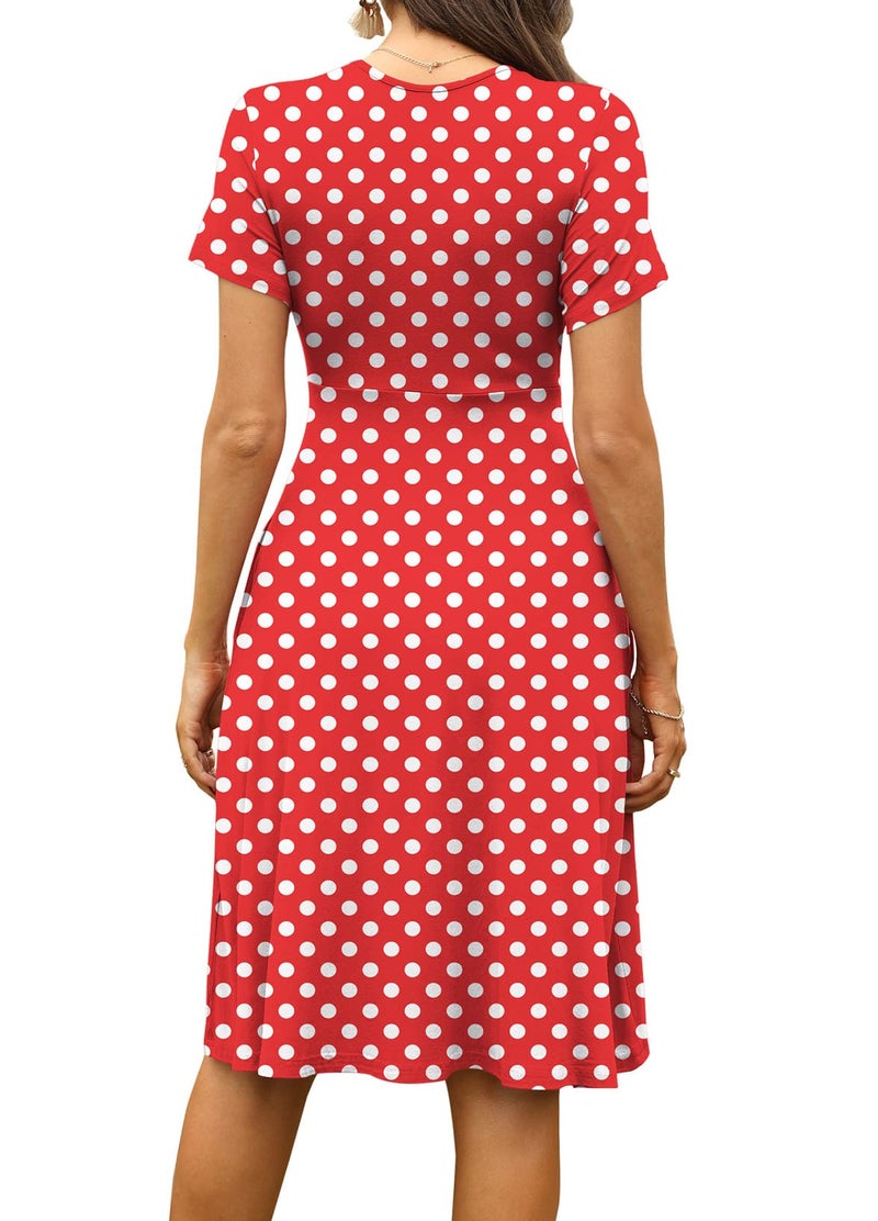 WEACZZY Women Summer Casual Short Sleeve Dresses Empire Waist Dress with Pockets,White Dot Red,L - Image 3