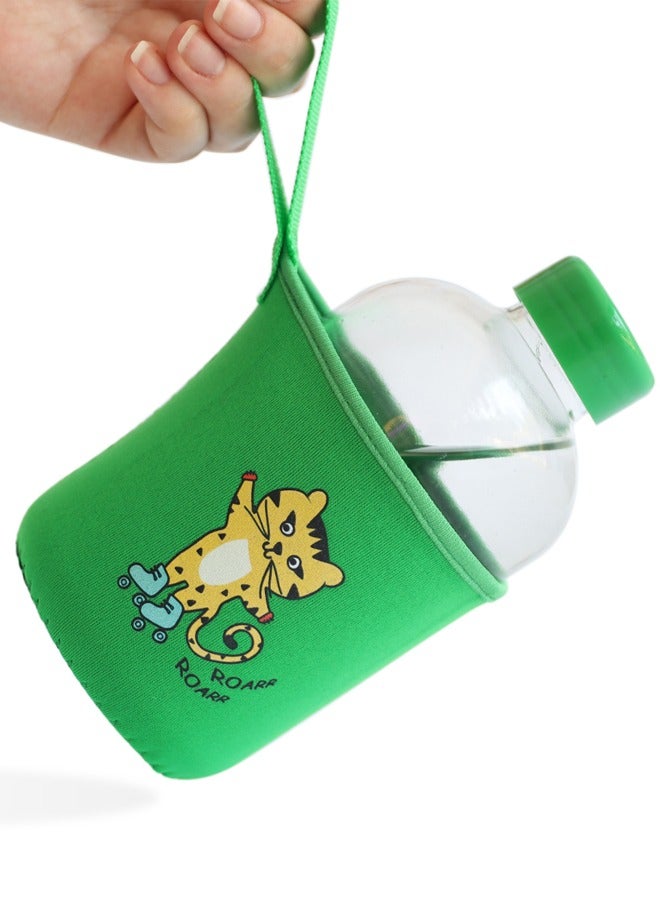 Milk & Moo Kids Glass Water Bottle with Neoprene Sleeve 600ml, Skater Cheetah Design, Leak Proof Spill Proof BPA Free Water Bottles, Ideal for School, Toddlers - Image 1