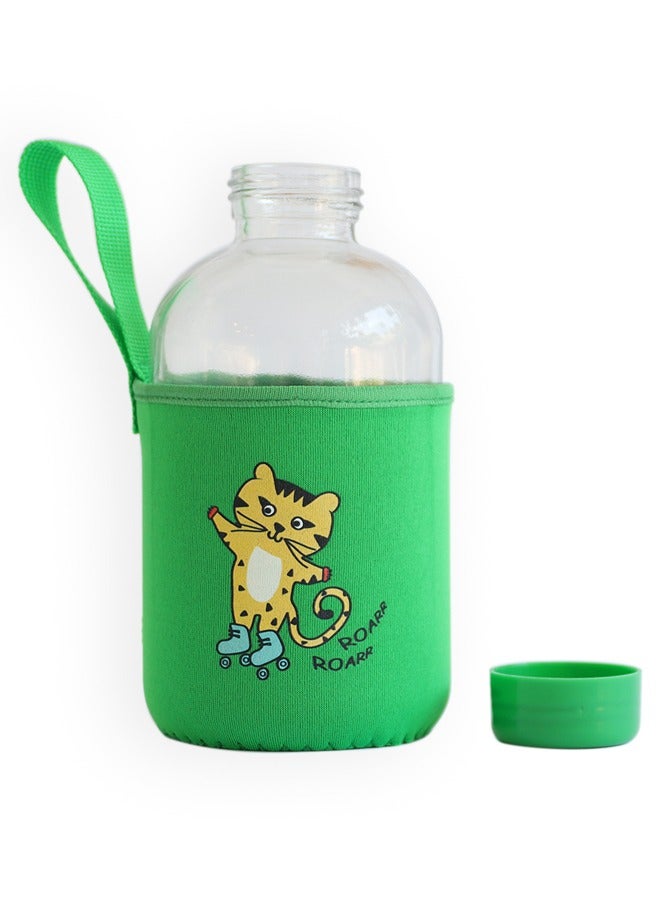 Milk & Moo Kids Glass Water Bottle with Neoprene Sleeve 600ml, Skater Cheetah Design, Leak Proof Spill Proof BPA Free Water Bottles, Ideal for School, Toddlers - Image 5