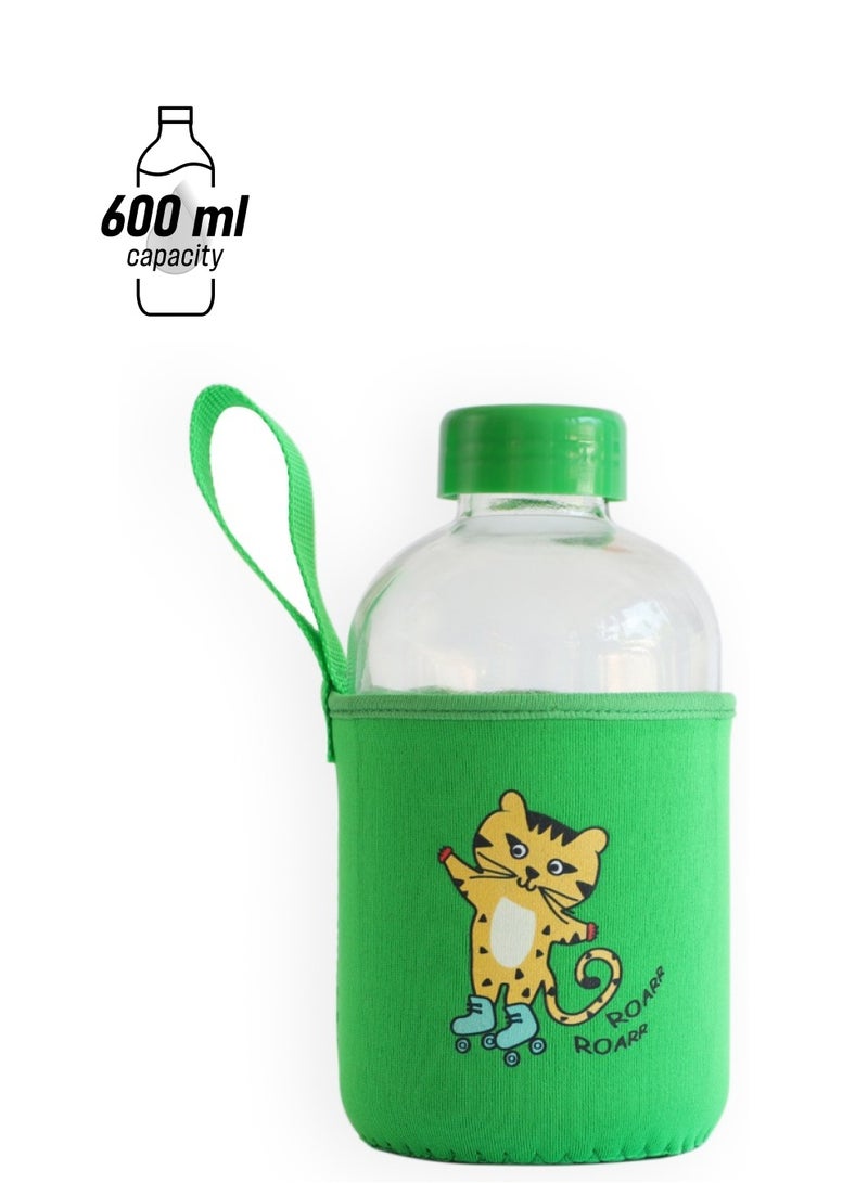 Milk & Moo Kids Glass Water Bottle with Neoprene Sleeve 600ml, Skater Cheetah Design, Leak Proof Spill Proof BPA Free Water Bottles, Ideal for School, Toddlers - Image 2