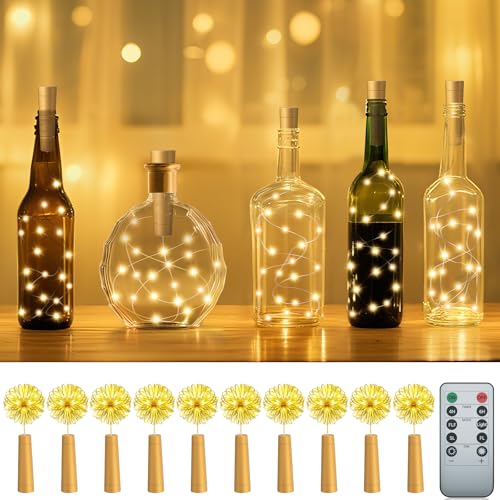 PChero Wine Bottle Lights with Cork Remote Timer 10 Pack 20 LED 66 ft Fairy String Lights Battery Operated for DIY Party Wedding Christmas Festival Bar Decoration Warm White - Image 1