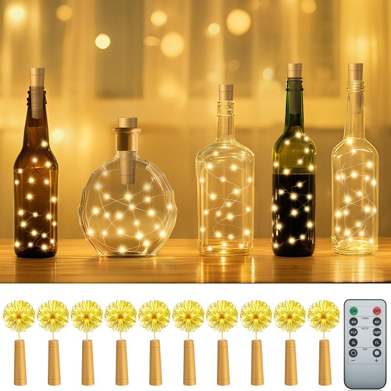 PChero Wine Bottle Lights with Cork Remote Timer 10 Pack 20 LED 66 ft Fairy String Lights Battery Operated for DIY Party Wedding Christmas Festival Bar Decoration Warm White - Image 2