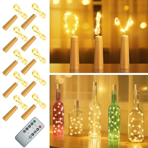 PChero Wine Bottle Lights with Cork Remote Timer 10 Pack 20 LED 66 ft Fairy String Lights Battery Operated for DIY Party Wedding Christmas Festival Bar Decoration Warm White - Image 3