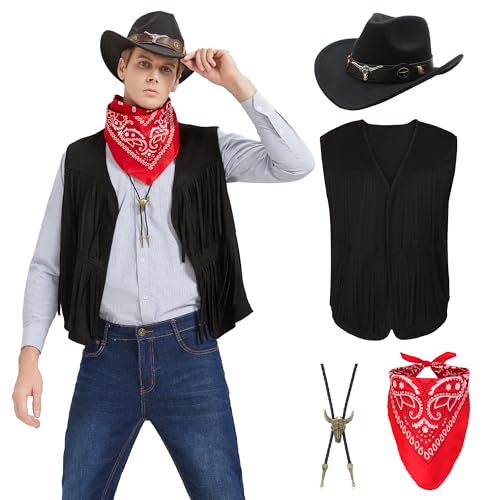 JoeRita Cowboy Costume Men Western Outfit Tasseled Vest Hat Bandana Necklace Halloween Cosplay Party Accessories Set Khaki L - Image 1