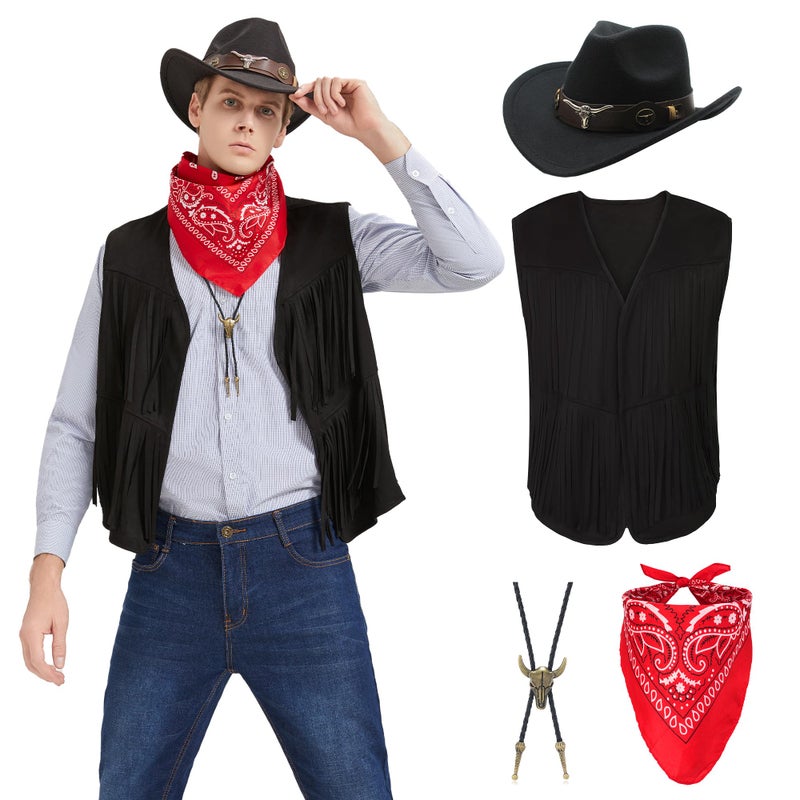 JoeRita Cowboy Costume Men Western Outfit Tasseled Vest Hat Bandana Necklace Halloween Cosplay Party Accessories Set Khaki L - Image 2