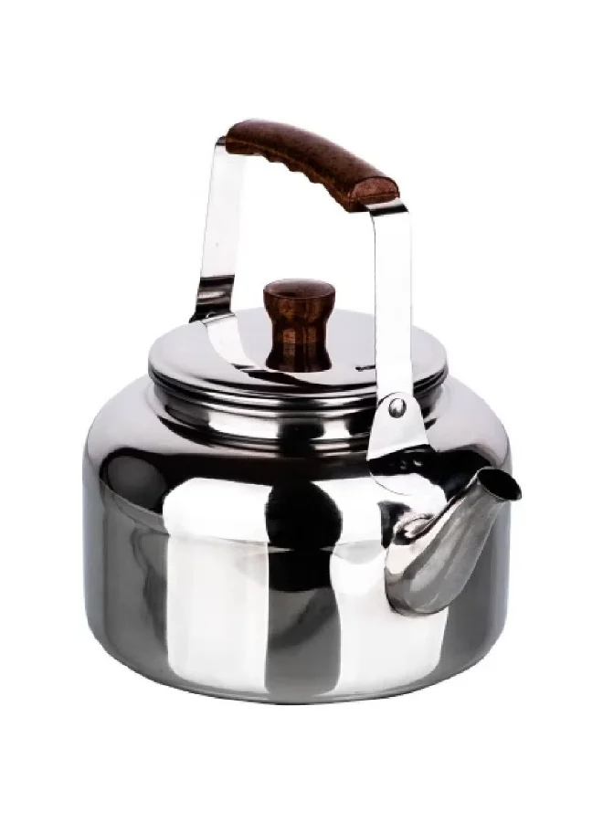 بستر 01-152 غلاية شاي من الستانلس ستيل بفوهة واسعة مانعة للتسريب ومقبض خشبي فضي وبني 2 لتر