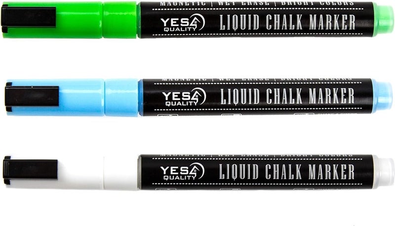 YES4QUALITY Magnetic Liquid Chalk Markers - 3 Pack - Vibrant Neon Colors with 3 mm Fine Bullet Tip, Erasable Wet Erase Pens for Dry-Erase Blackboards - Image 1