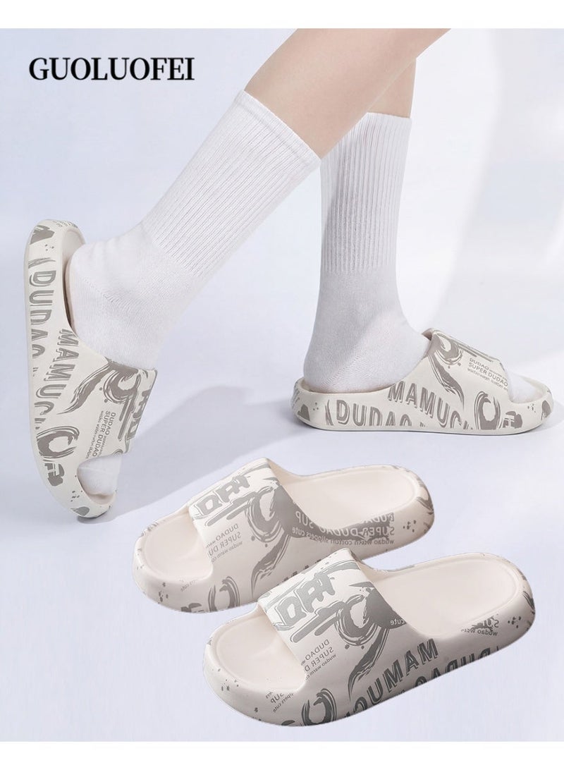 GUOLUOFEI Couple Slippers Chinese Style Characters Print, Non‑Slip Sole, Round Toe Anti-Collision, Black & White - Image 1