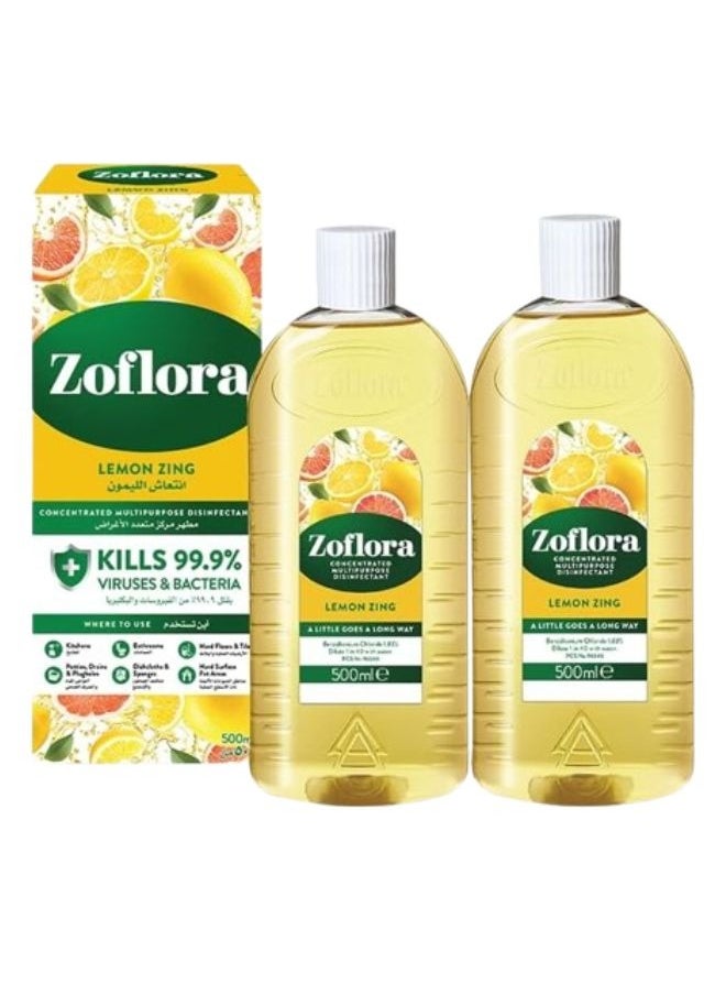 Zoflora Multi-Purpose Concentrated Disinfectant Lemon Zing 2 x 500ml  - Image 1