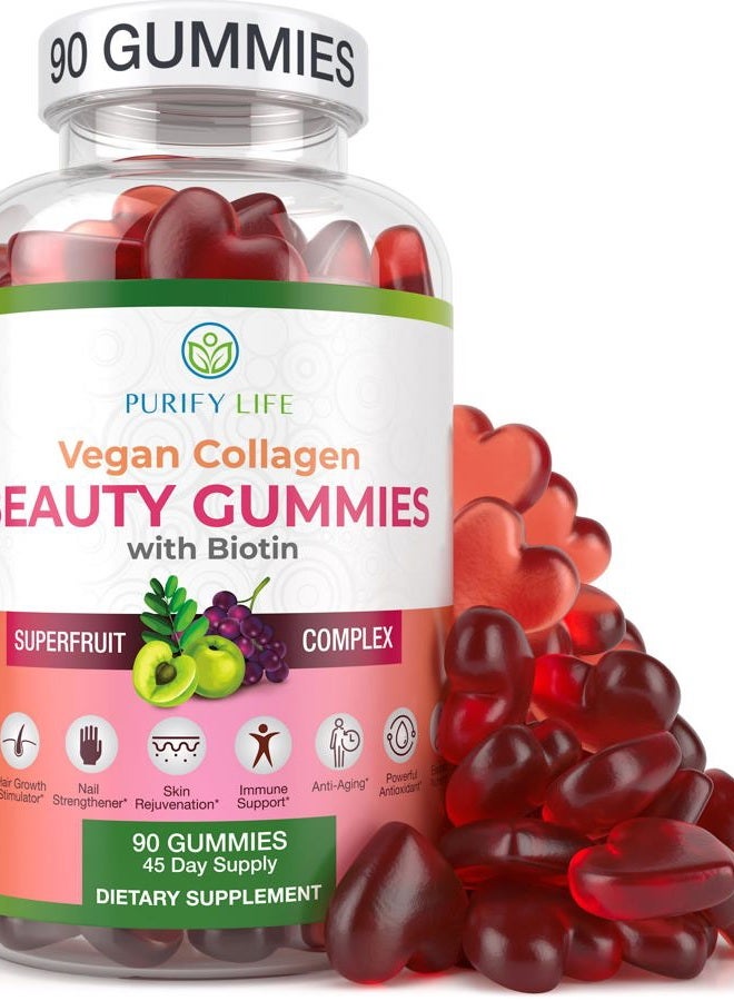 Purify Life جواهر الكولاجين النباتية مع فيتامينات البيوتين لصحة الشعر والبشرة والأظافر، (90 مضغوط) دعم الكولاجين مع مركب الفواكه الخارقة مع ريسفيراترول، فيتامين أ، هـ، ج - استبدال الكبسولات، الحبوب - Image 1