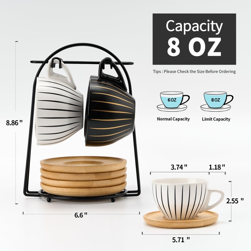 Luka Ceramic Demitasse Espresso Cups Set With Saucers And Metal Stand  8 Oz Porcelain Cappuccino Cups Teacup For Tea  Espresso  Latte  Coffee  Cafe Mocha  Set Of 4  Stripe White & Black - Image 3