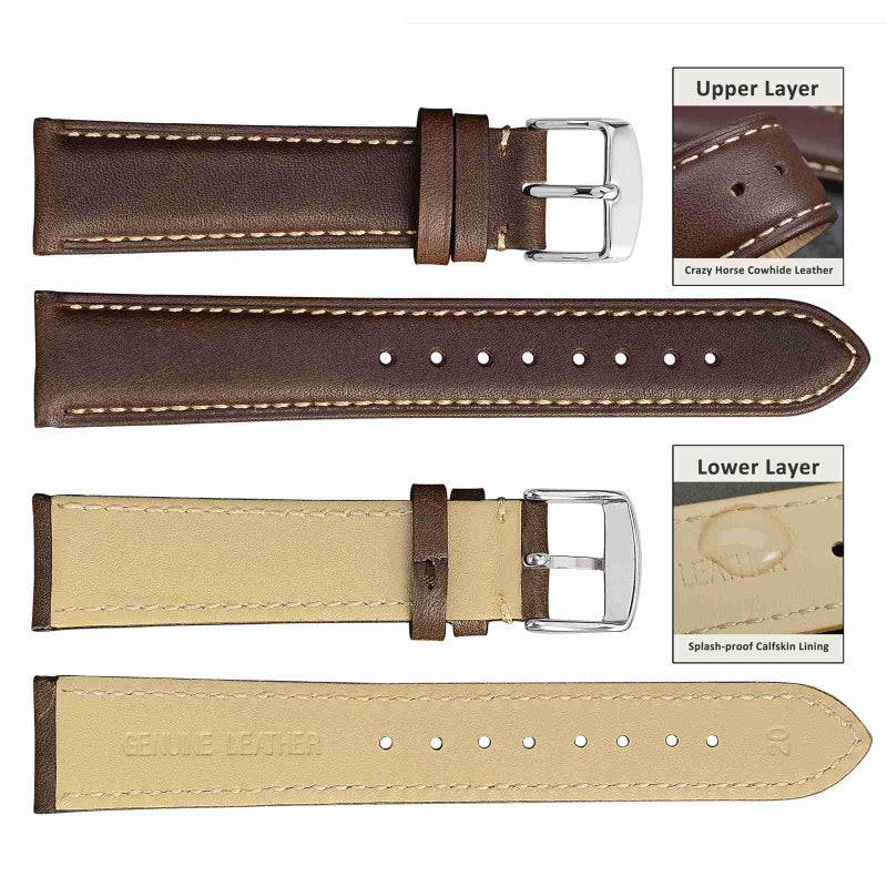 WOCCI 23mm Vintage Leather Watch Band for Men and Women, Silver Buckle (Dark Brown/Contrasting Stitch) - Image 2