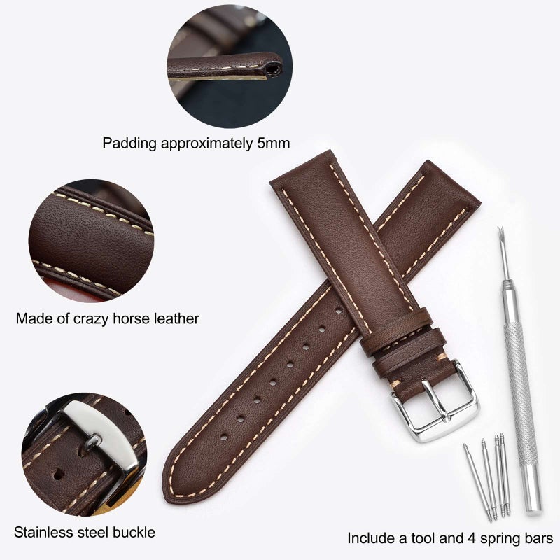 WOCCI 23mm Vintage Leather Watch Band for Men and Women, Silver Buckle (Dark Brown/Contrasting Stitch) - Image 4