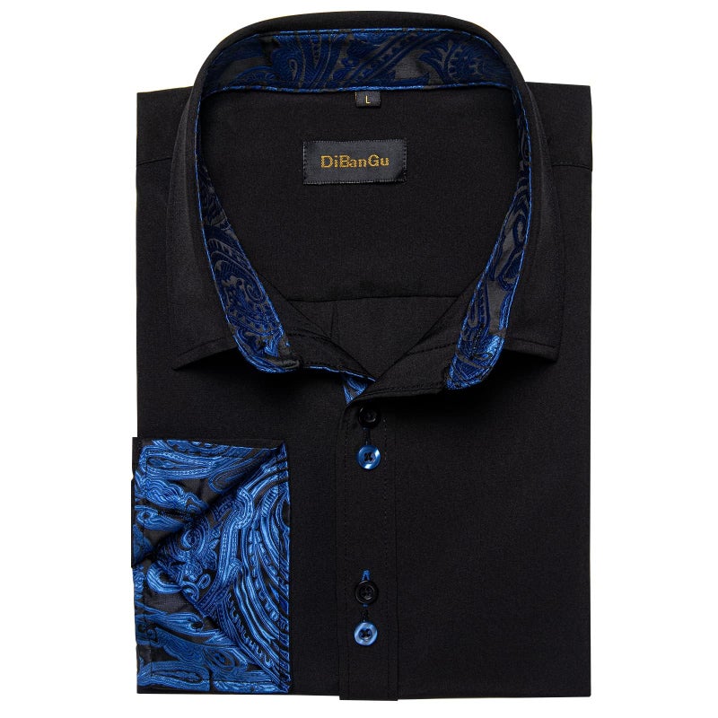 DiBanGu Men's Dress Shirt Long Sleeve Casual Button Down Shirts Regular Fit Inner Contrast Shirt for Business Party, Black and Royal Blue, Medium - Image 3