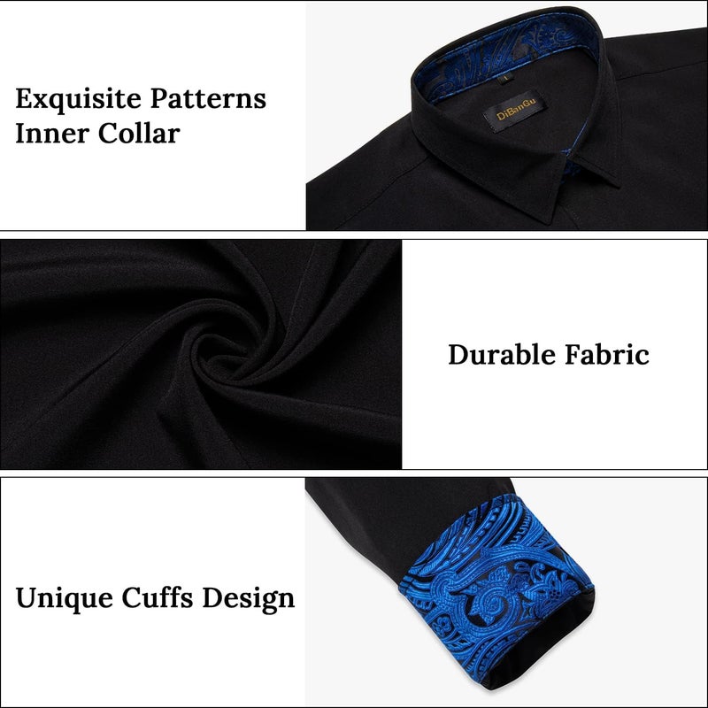 DiBanGu Men's Dress Shirt Long Sleeve Casual Button Down Shirts Regular Fit Inner Contrast Shirt for Business Party, Black and Royal Blue, Medium - Image 5