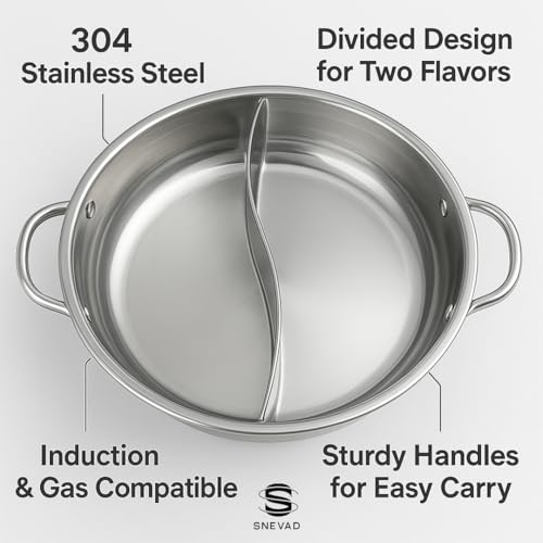 Snevad 304 Stainless Steel Round Hot Pot Pot with Divider Stock Pot Pasta Cooking Pot for Induction Cooktop Gas Stove Double-Flavor Shabu Cookware Heavy Duty, Double Handles & Dishwasher Safe - Image 3