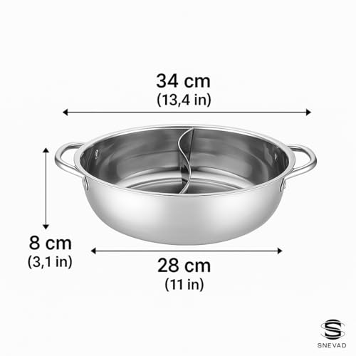 Snevad 304 Stainless Steel Round Hot Pot Pot with Divider Stock Pot Pasta Cooking Pot for Induction Cooktop Gas Stove Double-Flavor Shabu Cookware Heavy Duty, Double Handles & Dishwasher Safe - Image 2