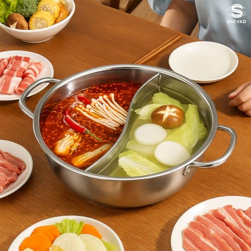 Snevad 304 Stainless Steel Round Hot Pot Pot with Divider Stock Pot Pasta Cooking Pot for Induction Cooktop Gas Stove Double-Flavor Shabu Cookware Heavy Duty, Double Handles & Dishwasher Safe - Image 4