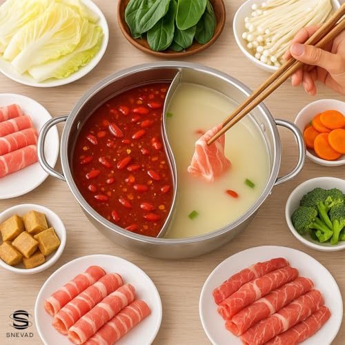 Snevad 304 Stainless Steel Round Hot Pot Pot with Divider Stock Pot Pasta Cooking Pot for Induction Cooktop Gas Stove Double-Flavor Shabu Cookware Heavy Duty, Double Handles & Dishwasher Safe - Image 5
