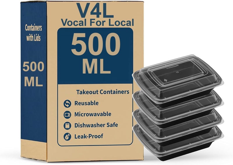 V4L Black Takeout Food Containers Food Storage Containers With Lids Freezer Safe Meal Prep Microwavable Dishwasher Leakproof BPA Free 500ml Pack of 20 - Image 1