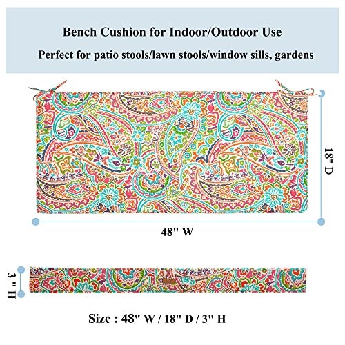 FUNHOME Outdoor Bench Cushion Water-Repellent, 48 x 18 Inch Bench Cushions for Outdoor Furniture, Settee Cushions with Handle and Straps, Patio Couch Cushion 1 Pack, Melora Paisley - Image 3