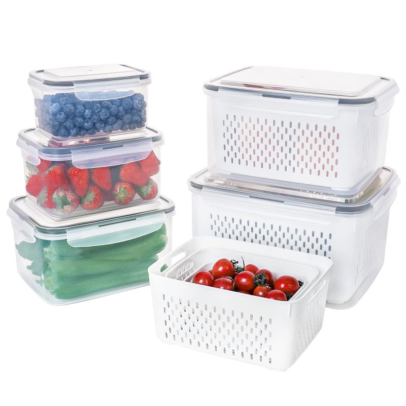 5 PCS Large Fruit Containers for Fridge - Leakproof Food Storage Containers with Removable Colander - Dishwasher & microwave safe Produce Containers Keep Fruits  Vegetables  Berry  Meat Fresh longer