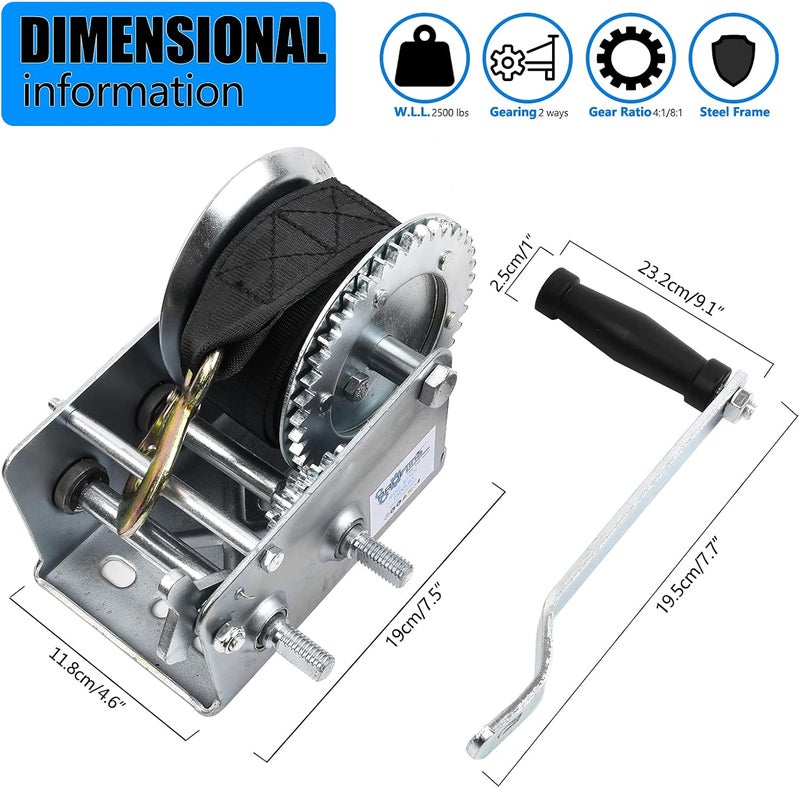 PROFLine 2500lbs Hand Winch Heavy Duty Boat Trailer Winch Two-Way Ratchet Gear Manual Winch Hand Crank Crane Weight Pulling for ATV Truck Towing Rope Winch - Image 2
