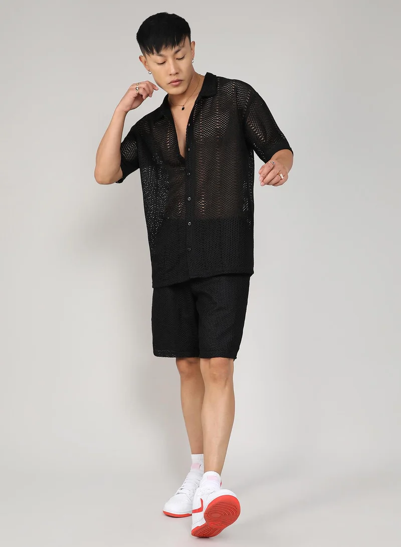 Campus Sutra Men's Onyx Black Crochet Co-Ord Set