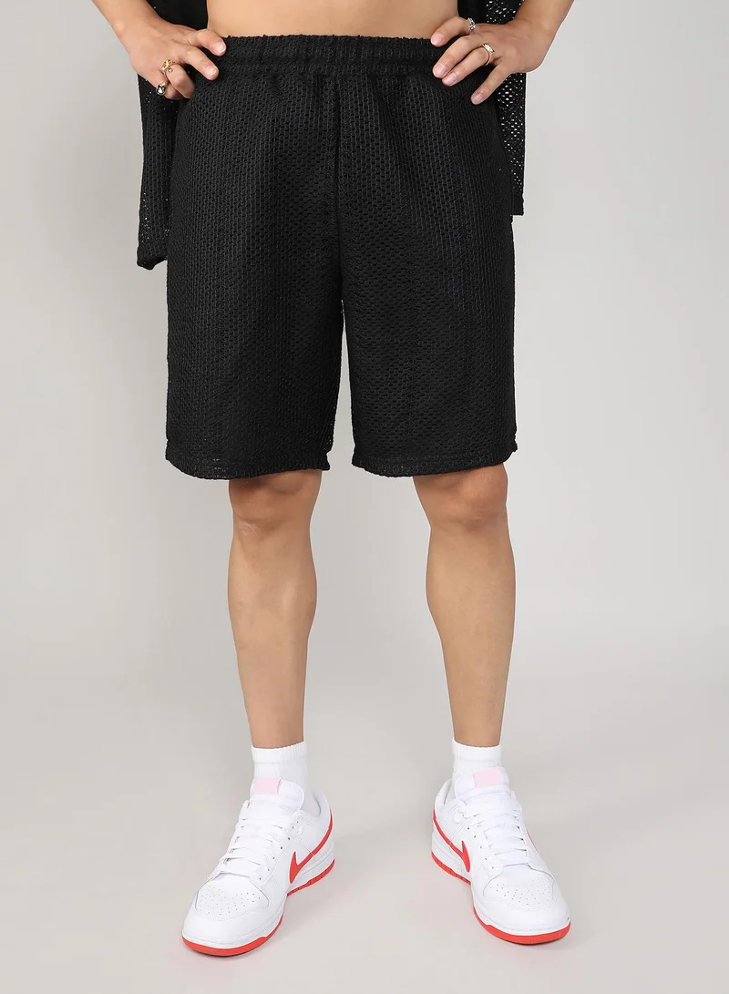 Campus Sutra Men's Onyx Black Crochet Co-Ord Set