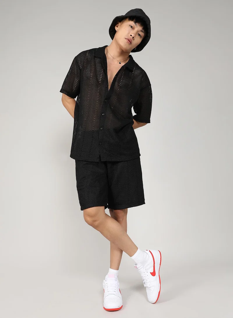Campus Sutra Men's Onyx Black Crochet Co-Ord Set
