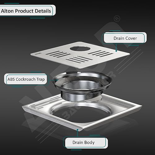 ALTON ALD1001, SS-304 Grade, 6x6 INCH Plain, Bathroom Grating Square Floor Drain Jali with ABS Cockroach Trap, Matte - Image 3