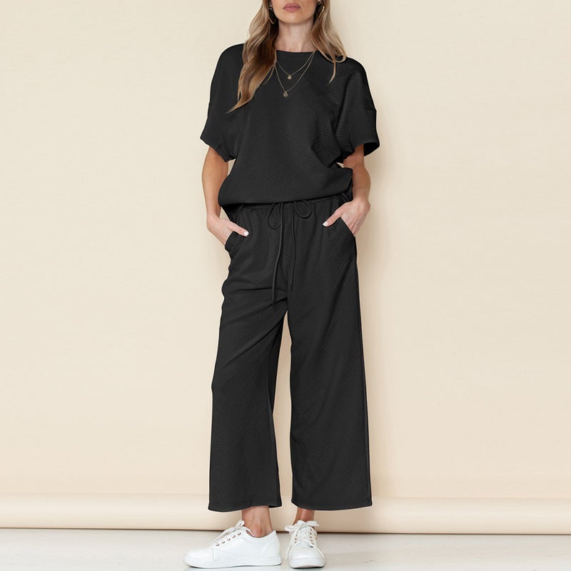 Q24S8523 cross-border European and American womens clothing Amazon summer fashion casual crew neck short sleeve pants two-piece set Black