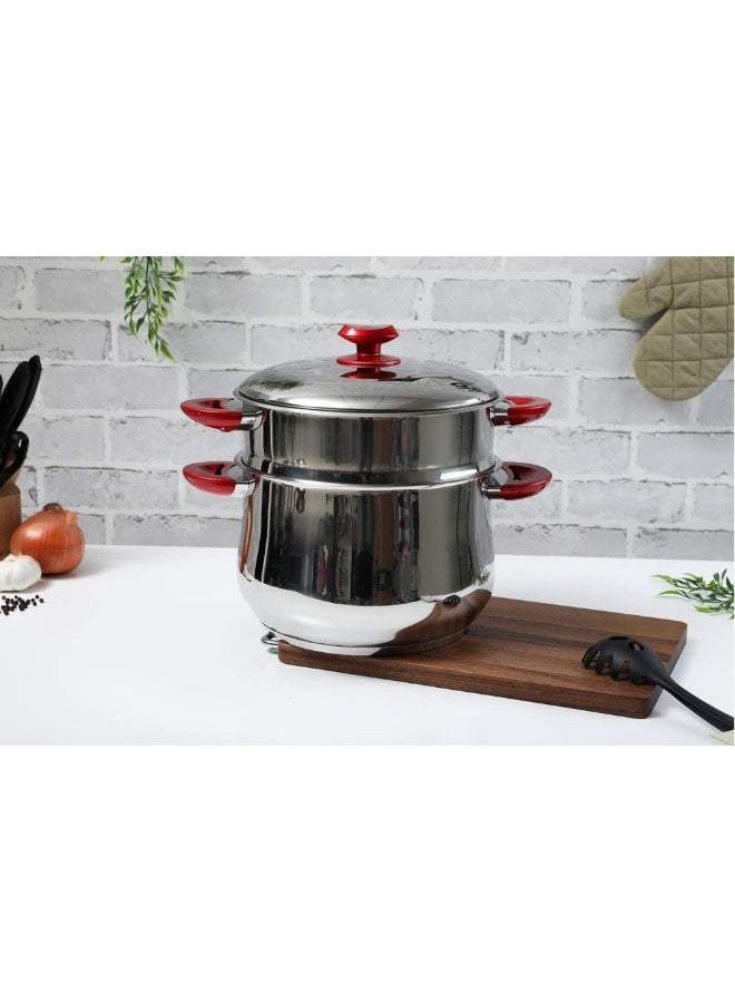 Hascevher Stainless Steel Steamer Cookware Belly shape Cous Pot with Red Handle 30CM  - Image 5