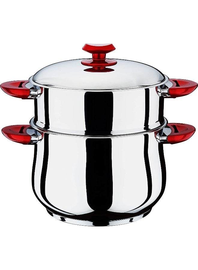 Hascevher Stainless Steel Steamer Cookware Belly shape Cous Pot with Red Handle 30CM  - Image 1