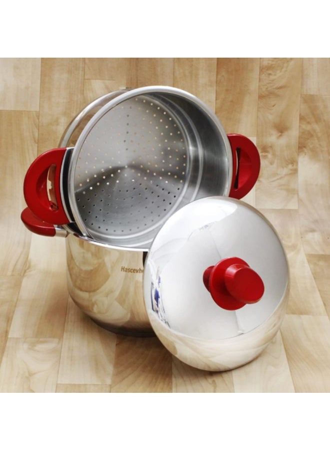 Hascevher Stainless Steel Steamer Cookware Belly shape Cous Pot with Red Handle 30CM  - Image 2
