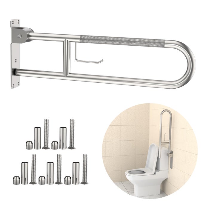 TOILET GRAB BAR 303 INCH BRUSHED NICKEL ANTISLIP SUPPORT RAIL U SHAPED FLIPUP GRAB BAR WITH PAPER HOLDER STAINLESS STEEL KNURLED HANDICAP SAFETY HANDRAILS FOR DISABLED ELDERLY PREGNANT