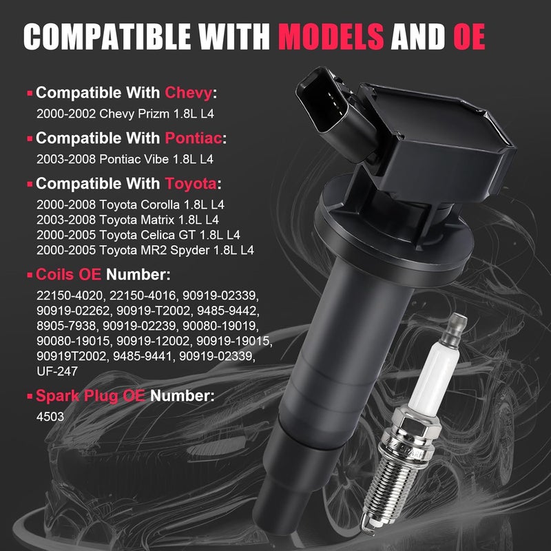 TXROMTZ 4pcs Ignition Coil & Spark Plug Set for Toyota Corolla, Matrix, Pontiac Vibe 1.8L L4 (2000-2008) - Image 5