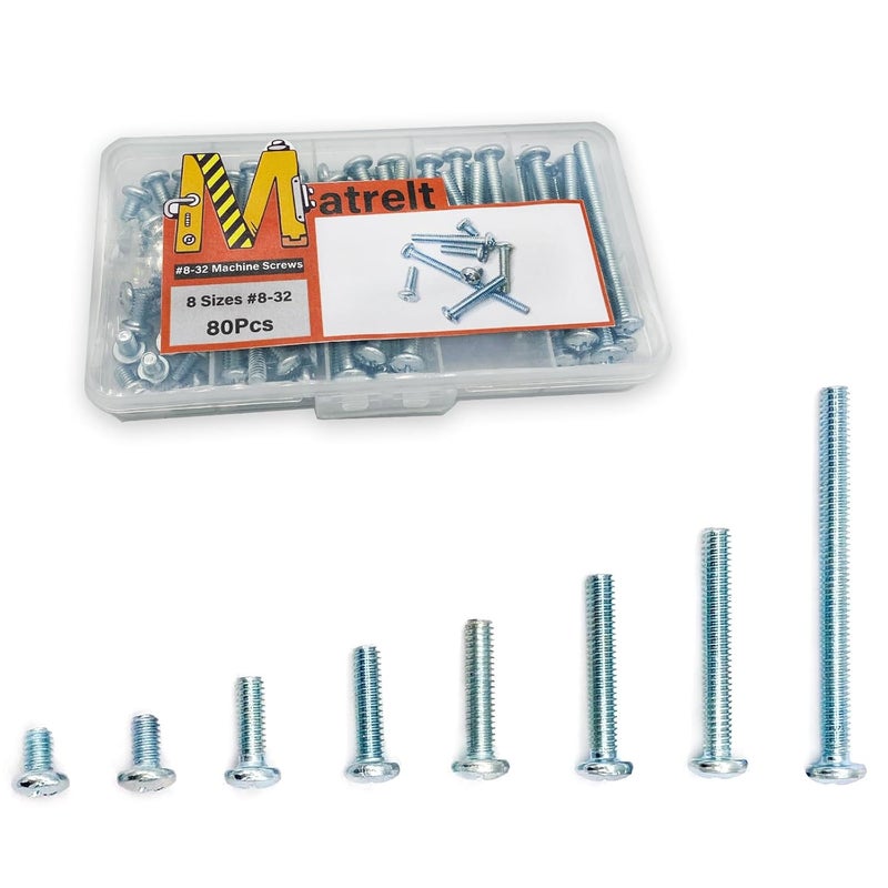 Matrelt 80 Pcs 8 Sizes #8-32 Machine Screws Knob Cabinet Screws Electricians Screws, Carbon Steel Zinc-Plated Phillips Pan Head Machine Screws Assortment Kit - Image 1