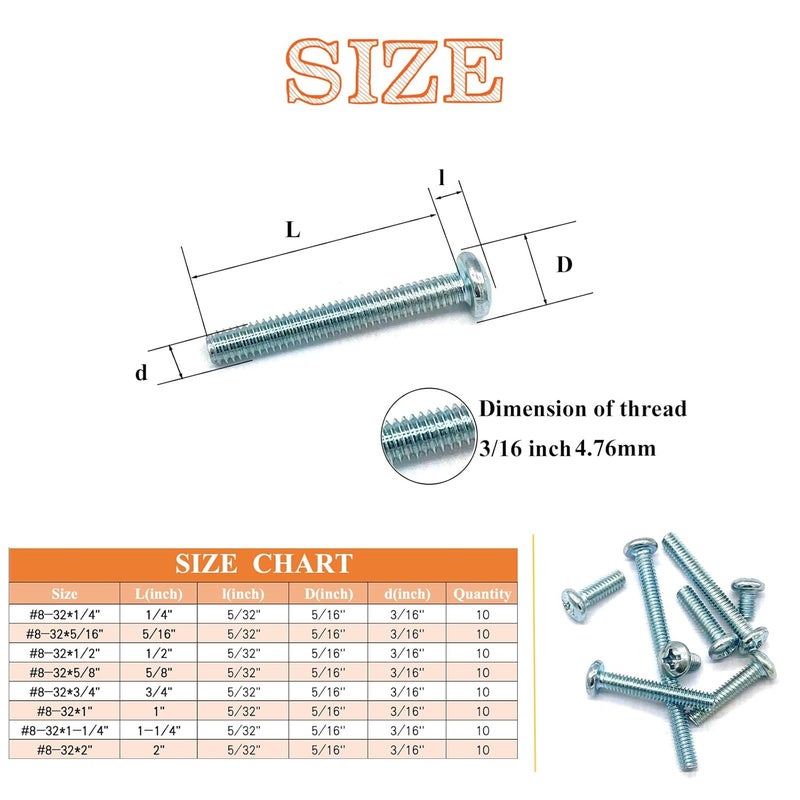 Matrelt 80 Pcs 8 Sizes #8-32 Machine Screws Knob Cabinet Screws Electricians Screws, Carbon Steel Zinc-Plated Phillips Pan Head Machine Screws Assortment Kit - Image 2