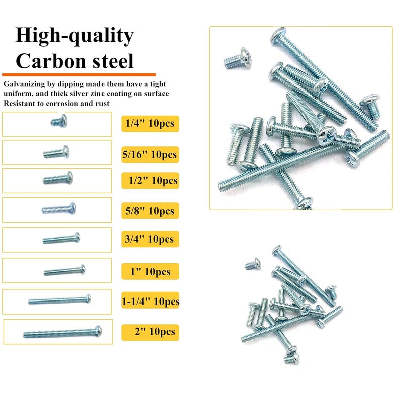 Matrelt 80 Pcs 8 Sizes #8-32 Machine Screws Knob Cabinet Screws Electricians Screws, Carbon Steel Zinc-Plated Phillips Pan Head Machine Screws Assortment Kit - Image 3