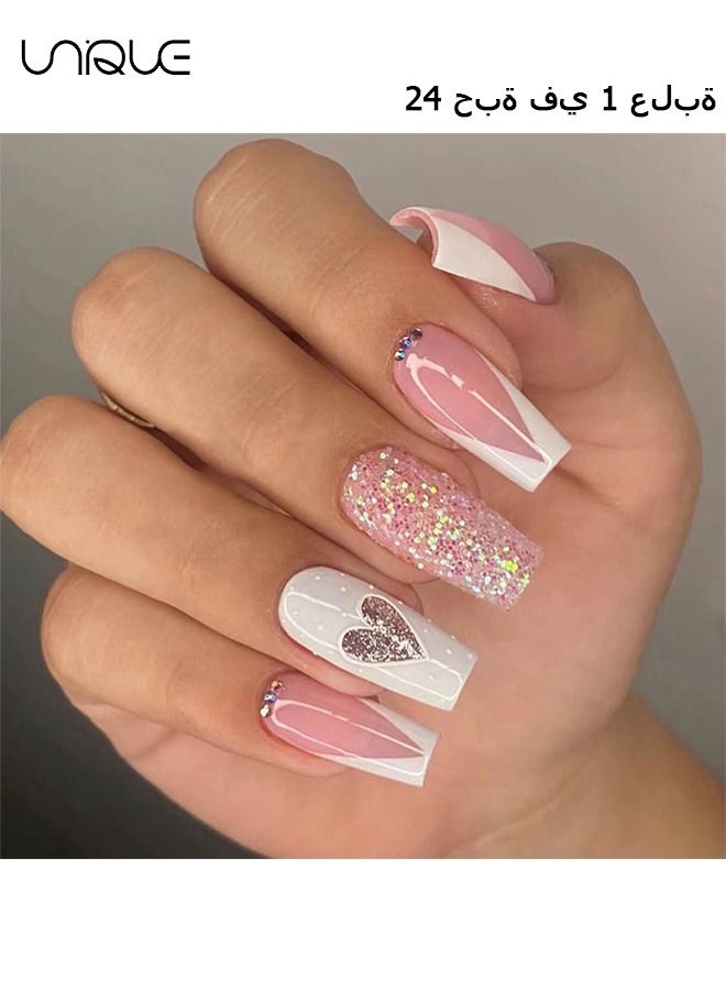 Unique 24 Pcs False Nails - Mid-Mid-length Ballet Manicure - Pink Glitter Manicure - Fake Nail Patch - Image 1