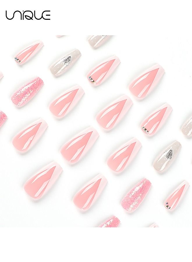 Unique 24 Pcs False Nails - Mid-Mid-length Ballet Manicure - Pink Glitter Manicure - Fake Nail Patch - Image 4
