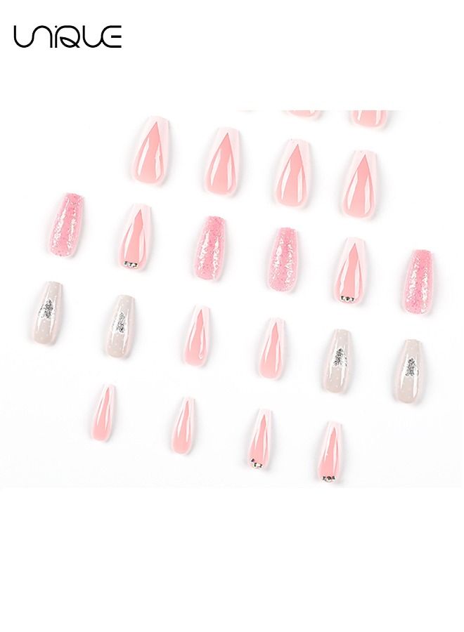 Unique 24 Pcs False Nails - Mid-Mid-length Ballet Manicure - Pink Glitter Manicure - Fake Nail Patch - Image 5