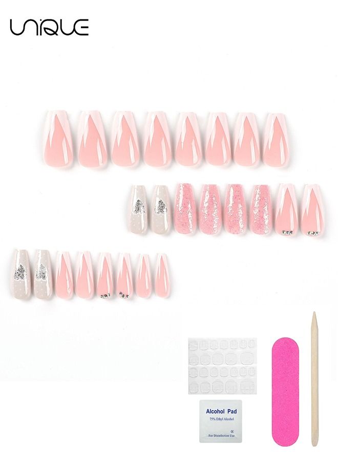 Unique 24 Pcs False Nails - Mid-Mid-length Ballet Manicure - Pink Glitter Manicure - Fake Nail Patch - Image 2