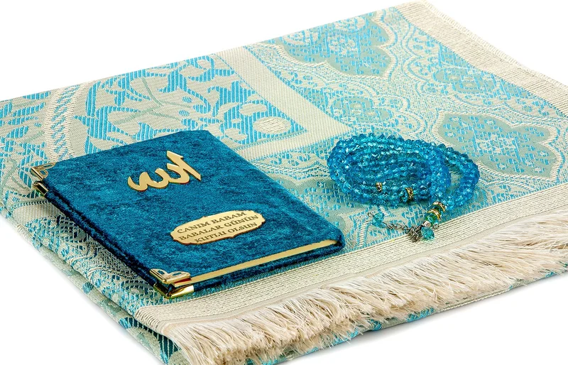 ايهفان Ihvan Father's Day Special Name Printed Velvet Covered Yasin Book Set with Prayer Mat and Prayer Beads - Petrol Color