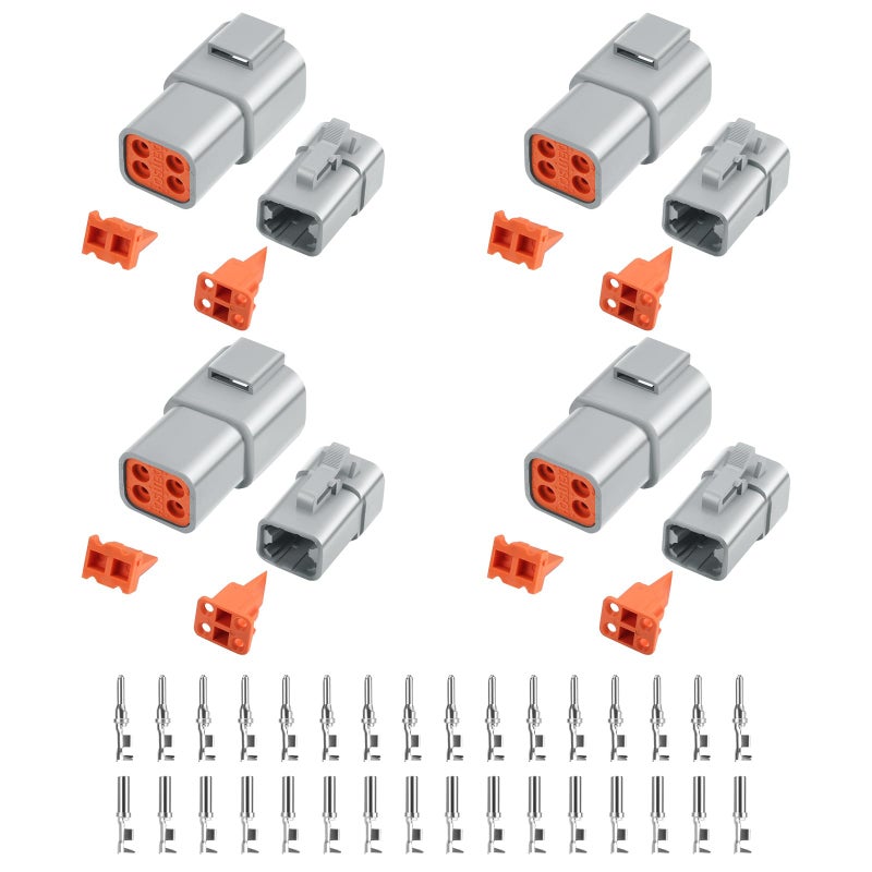 48 PCS Deutsch DTP Connector Kit 4 Pin Automotive Waterproof Connectors 4 sets with Size 12 Stamped Contacts Gauge 1412 AWG Wire Size25A
