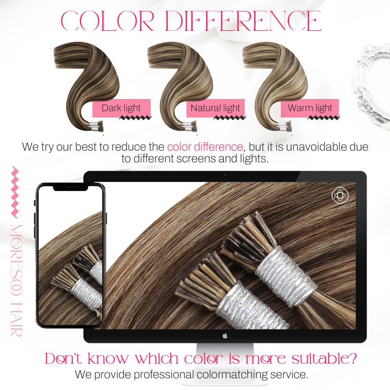Moresoo I Tip Hair Extensions Human Hair Brown Highlight Dark Brown with Caramel Blonde I Tip Human Hair Extensions Strawberry Blonde for Wedding Straight Silky 50S/40G 20 Inch - Image 5