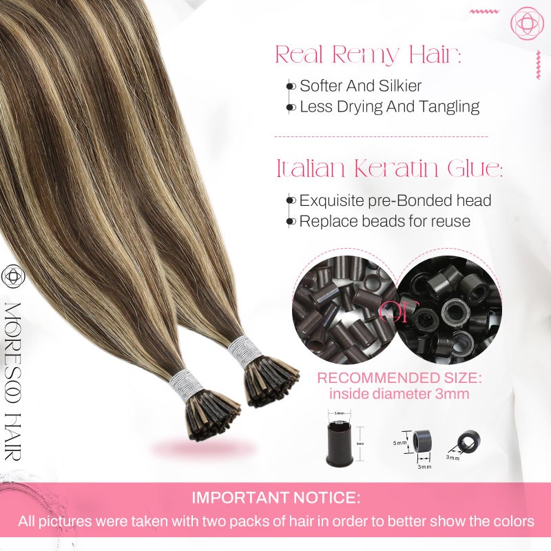 Moresoo I Tip Hair Extensions Human Hair Brown Highlight Dark Brown with Caramel Blonde I Tip Human Hair Extensions Strawberry Blonde for Wedding Straight Silky 50S/40G 20 Inch - Image 3