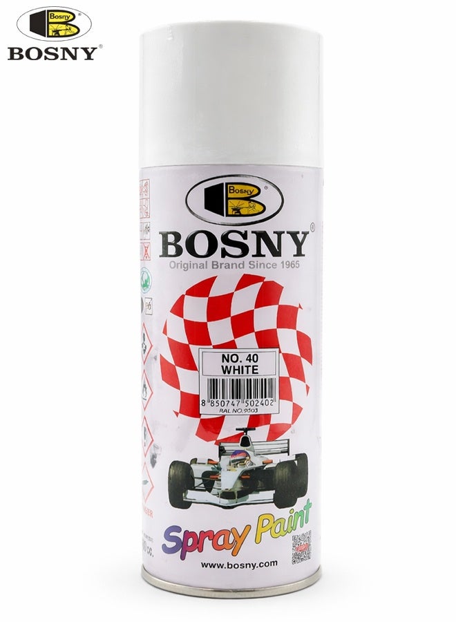 Bosny Spray Paint White Aerosol – Fast Dry Gloss Finish Paint for Metal Wood Plastic Car DIY Home Use - Image 1